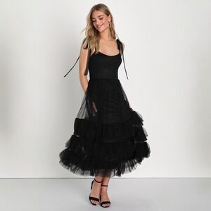 NWT Lulu's Aesthetic‎ Black Mesh Swiss Dot Tie-Strap Midi Dress Whimsygoth Small